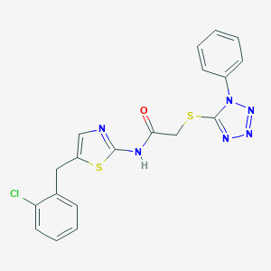 molecular formula C19H15ClN6OS2 B489317 N-[5-(2-Chloro-benzyl)-thiazol-2-yl]-2-(1-phenyl-1H-tetrazol-5-ylsulfanyl)-acetamide CAS No. 496021-80-8