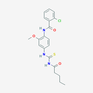 molecular formula C20H22ClN3O3S B4897356 2-chloro-N-(2-methoxy-4-{[(pentanoylamino)carbonothioyl]amino}phenyl)benzamide 