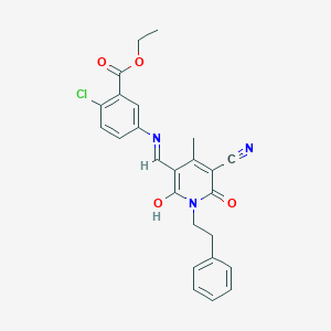 molecular formula C25H22ClN3O4 B490115 ethyl 2-chloro-5-{[(5-cyano-4-methyl-2,6-dioxo-1-(2-phenylethyl)-1,6-dihydro-3(2H)-pyridinylidene)methyl]amino}benzoate 