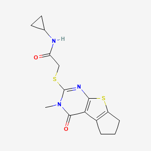 molecular formula C15H17N3O2S2 B4901821 N-cyclopropyl-2-[(11-methyl-12-oxo-7-thia-9,11-diazatricyclo[6.4.0.02,6]dodeca-1(8),2(6),9-trien-10-yl)sulfanyl]acetamide 