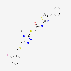 molecular formula C24H24FN5OS3 B4903113 2-[[4-ethyl-5-[(2-fluorophenyl)methylsulfanylmethyl]-1,2,4-triazol-3-yl]sulfanyl]-N-(5-methyl-4-phenyl-1,3-thiazol-2-yl)acetamide 