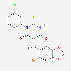 (5E)-5-[(6-bromo-1,3-benzodioxol-5-yl)methylidene]-1-(3-chlorophenyl)-2-sulfanylidene-1,3-diazinane-4,6-dione