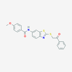 molecular formula C23H18N2O3S2 B490746 4-methoxy-N-{2-[(2-oxo-2-phenylethyl)sulfanyl]-1,3-benzothiazol-6-yl}benzamide CAS No. 724451-86-9