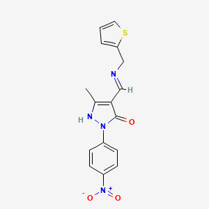 molecular formula C16H14N4O3S B4909355 5-METHYL-2-(4-NITROPHENYL)-4-{(E)-1-[(2-THIENYLMETHYL)AMINO]METHYLIDENE}-2,4-DIHYDRO-3H-PYRAZOL-3-ONE 