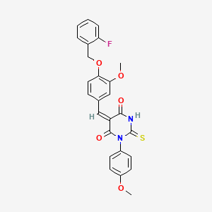 molecular formula C26H21FN2O5S B4910145 (5E)-5-{4-[(2-fluorobenzyl)oxy]-3-methoxybenzylidene}-1-(4-methoxyphenyl)-2-thioxodihydropyrimidine-4,6(1H,5H)-dione 