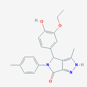 molecular formula C21H21N3O3 B491046 4-(3-ethoxy-4-hydroxyphenyl)-3-methyl-5-(4-methylphenyl)-4,5-dihydropyrrolo[3,4-c]pyrazol-6(1H)-one CAS No. 587005-40-1