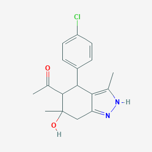 molecular formula C17H19ClN2O2 B491111 1-[4-(4-chlorophenyl)-6-hydroxy-3,6-dimethyl-4,5,6,7-tetrahydro-2H-indazol-5-yl]ethanone CAS No. 459147-80-9