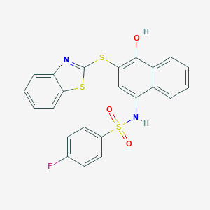 molecular formula C23H15FN2O3S3 B491504 (3-Benzothiazol-2-ylthio-4-hydroxynaphthyl)[(4-fluorophenyl)sulfonyl]amine CAS No. 441289-67-4