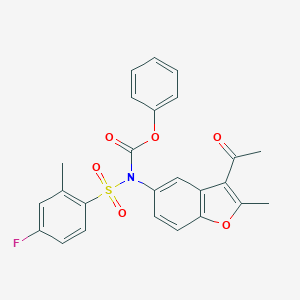 molecular formula C25H20FNO6S B492083 Phenyl (3-acetyl-2-methylbenzofuran-5-yl)((4-fluoro-2-methylphenyl)sulfonyl)carbamate CAS No. 701925-27-1