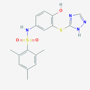 molecular formula C17H18N4O3S2 B492136 N-[4-hydroxy-3-(1H-1,2,4-triazol-3-ylsulfanyl)phenyl]-2,4,6-trimethylbenzenesulfonamide CAS No. 670267-87-5