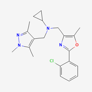 molecular formula C21H25ClN4O B4922311 N-{[2-(2-chlorophenyl)-5-methyl-1,3-oxazol-4-yl]methyl}-N-[(1,3,5-trimethyl-1H-pyrazol-4-yl)methyl]cyclopropanamine 