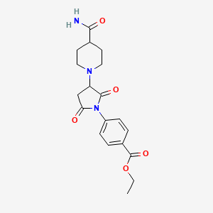 molecular formula C19H23N3O5 B4922520 ethyl 4-{3-[4-(aminocarbonyl)-1-piperidinyl]-2,5-dioxo-1-pyrrolidinyl}benzoate 