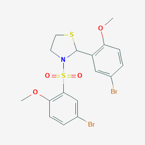 molecular formula C17H17Br2NO4S2 B492422 2-(5-Bromo-2-methoxyphenyl)-3-[(5-bromo-2-methoxyphenyl)sulfonyl]-1,3-thiazolidine 