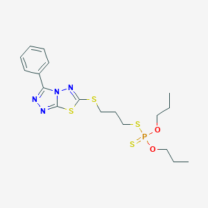 molecular formula C18H25N4O2PS4 B492529 S-{3-[(3-phenyl[1,2,4]triazolo[3,4-b][1,3,4]thiadiazol-6-yl)sulfanyl]propyl} O,O-dipropyl dithiophosphate 