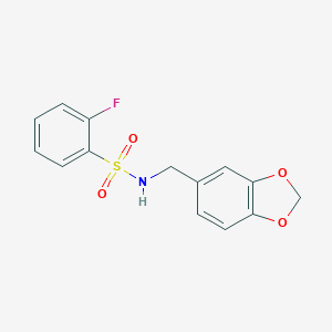 molecular formula C14H12FNO4S B492588 N-(1,3-benzodioxol-5-ylmethyl)-2-fluorobenzenesulfonamide 