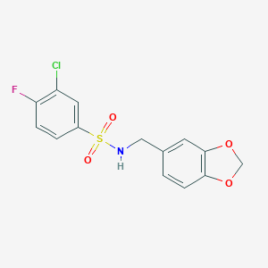 molecular formula C14H11ClFNO4S B492589 N-(1,3-benzodioxol-5-ylmethyl)-3-chloro-4-fluorobenzenesulfonamide CAS No. 667912-54-1