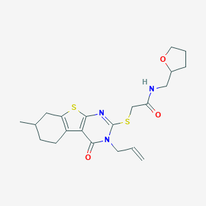 molecular formula C21H27N3O3S2 B492635 2-[(7-methyl-4-oxo-3-prop-2-enyl-5,6,7,8-tetrahydro-[1]benzothiolo[2,3-d]pyrimidin-2-yl)sulfanyl]-N-(oxolan-2-ylmethyl)acetamide CAS No. 667912-96-1