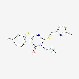molecular formula C19H21N3OS3 B492637 7-Methyl-2-[(2-methyl-1,3-thiazol-4-yl)methylsulfanyl]-3-prop-2-enyl-5,6,7,8-tetrahydro-[1]benzothiolo[2,3-d]pyrimidin-4-one CAS No. 667912-98-3