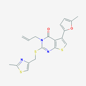 molecular formula C19H17N3O2S3 B492639 5-(5-Methylfuran-2-yl)-2-[(2-methyl-1,3-thiazol-4-yl)methylsulfanyl]-3-prop-2-enylthieno[2,3-d]pyrimidin-4-one CAS No. 667912-91-6