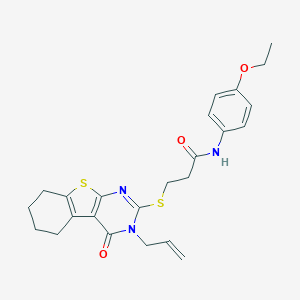 molecular formula C24H27N3O3S2 B492646 3-[(3-allyl-4-oxo-3,4,5,6,7,8-hexahydro[1]benzothieno[2,3-d]pyrimidin-2-yl)sulfanyl]-N-(4-ethoxyphenyl)propanamide 