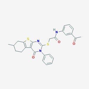 molecular formula C27H25N3O3S2 B492654 N-(3-acetylphenyl)-2-[(7-methyl-4-oxo-3-phenyl-5,6,7,8-tetrahydro-[1]benzothiolo[2,3-d]pyrimidin-2-yl)sulfanyl]acetamide CAS No. 667913-08-8