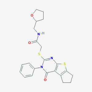 molecular formula C22H23N3O3S2 B492655 2-((4-oxo-3-phenyl-4,5,6,7-tetrahydro-3H-cyclopenta[4,5]thieno[2,3-d]pyrimidin-2-yl)thio)-N-((tetrahydrofuran-2-yl)methyl)acetamide CAS No. 667913-09-9