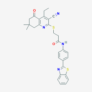 molecular formula C30H28N4O2S2 B492659 N-[4-(1,3-benzothiazol-2-yl)phenyl]-3-[(3-cyano-4-ethyl-7,7-dimethyl-5-oxo-6,8-dihydroquinolin-2-yl)sulfanyl]propanamide CAS No. 670272-96-5