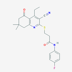 3-[(3-cyano-4-ethyl-7,7-dimethyl-5-oxo-6,8-dihydroquinolin-2-yl)sulfanyl]-N-(4-fluorophenyl)propanamide