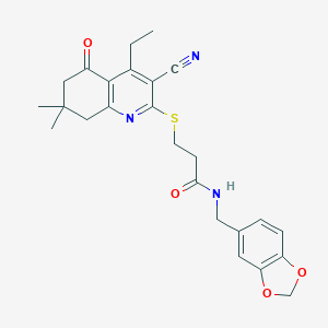 N-(1,3-benzodioxol-5-ylmethyl)-3-[(3-cyano-4-ethyl-7,7-dimethyl-5-oxo-6,8-dihydroquinolin-2-yl)sulfanyl]propanamide