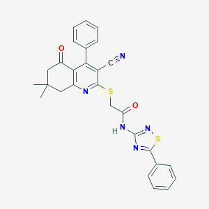 molecular formula C28H23N5O2S2 B492673 2-[(3-cyano-7,7-dimethyl-5-oxo-4-phenyl-6,8-dihydroquinolin-2-yl)sulfanyl]-N-(5-phenyl-1,2,4-thiadiazol-3-yl)acetamide CAS No. 670272-81-8
