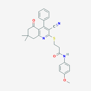 molecular formula C28H27N3O3S B492675 3-[(3-cyano-7,7-dimethyl-5-oxo-4-phenyl-6,8-dihydroquinolin-2-yl)sulfanyl]-N-(4-methoxyphenyl)propanamide CAS No. 670272-84-1