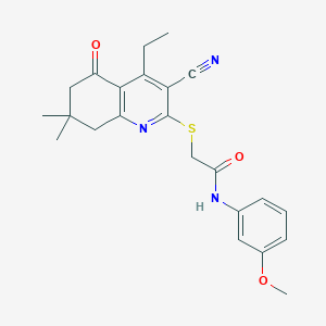molecular formula C23H25N3O3S B492677 2-[(3-cyano-4-ethyl-7,7-dimethyl-5-oxo-6,8-dihydroquinolin-2-yl)sulfanyl]-N-(3-methoxyphenyl)acetamide CAS No. 667913-24-8
