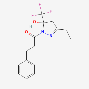 molecular formula C15H17F3N2O2 B4926947 3-ethyl-1-(3-phenylpropanoyl)-5-(trifluoromethyl)-4,5-dihydro-1H-pyrazol-5-ol 