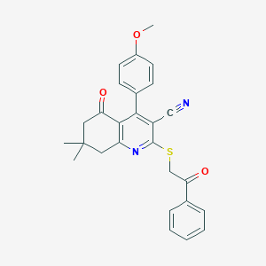 molecular formula C27H24N2O3S B492714 4-(4-Methoxyphenyl)-7,7-dimethyl-5-oxo-2-phenacylsulfanyl-6,8-dihydroquinoline-3-carbonitrile CAS No. 671200-38-7