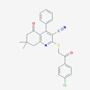 molecular formula C26H21ClN2O2S B492715 2-[2-(4-Chlorophenyl)-2-oxoethyl]sulfanyl-7,7-dimethyl-5-oxo-4-phenyl-6,8-dihydroquinoline-3-carbonitrile CAS No. 667913-56-6