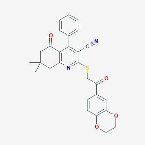 molecular formula C28H24N2O4S B492716 2-[2-(2,3-Dihydro-1,4-benzodioxin-6-yl)-2-oxoethyl]sulfanyl-7,7-dimethyl-5-oxo-4-phenyl-6,8-dihydroquinoline-3-carbonitrile CAS No. 671200-40-1
