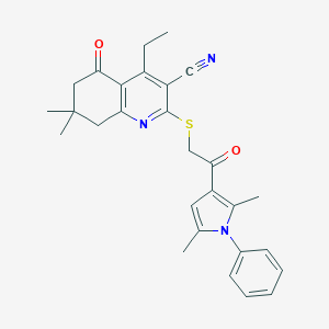 molecular formula C28H29N3O2S B492719 2-[2-(2,5-Dimethyl-1-phenylpyrrol-3-yl)-2-oxoethyl]sulfanyl-4-ethyl-7,7-dimethyl-5-oxo-6,8-dihydroquinoline-3-carbonitrile CAS No. 671200-45-6