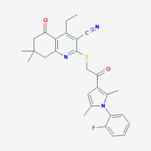 molecular formula C28H28FN3O2S B492721 4-Ethyl-2-[2-[1-(2-fluorophenyl)-2,5-dimethylpyrrol-3-yl]-2-oxoethyl]sulfanyl-7,7-dimethyl-5-oxo-6,8-dihydroquinoline-3-carbonitrile CAS No. 671200-47-8
