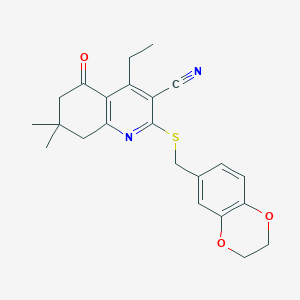 molecular formula C23H24N2O3S B492723 2-[(2,3-Dihydro-1,4-benzodioxin-6-ylmethyl)sulfanyl]-4-ethyl-7,7-dimethyl-5-oxo-5,6,7,8-tetrahydro-3-quinolinecarbonitrile 