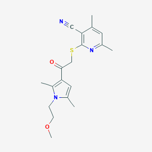 molecular formula C19H23N3O2S B492737 2-((2-(1-(2-methoxyethyl)-2,5-dimethyl-1H-pyrrol-3-yl)-2-oxoethyl)thio)-4,6-dimethylnicotinonitrile CAS No. 690961-43-4