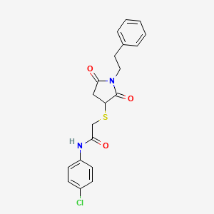 molecular formula C20H19ClN2O3S B4927388 N-(4-chlorophenyl)-2-{[2,5-dioxo-1-(2-phenylethyl)-3-pyrrolidinyl]thio}acetamide 