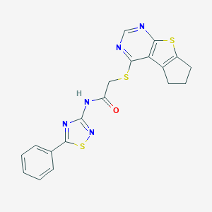 molecular formula C19H15N5OS3 B492762 2-((6,7-dihydro-5H-cyclopenta[4,5]thieno[2,3-d]pyrimidin-4-yl)thio)-N-(5-phenyl-1,2,4-thiadiazol-3-yl)acetamide CAS No. 671200-23-0