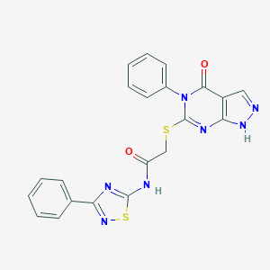 molecular formula C21H15N7O2S2 B492771 2-[(4-oxo-5-phenyl-1H-pyrazolo[3,4-d]pyrimidin-6-yl)sulfanyl]-N-(3-phenyl-1,2,4-thiadiazol-5-yl)acetamide CAS No. 690960-17-9