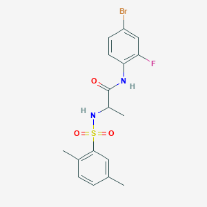 molecular formula C17H18BrFN2O3S B492787 N-(4-bromo-2-fluorophenyl)-2-{[(2,5-dimethylphenyl)sulfonyl]amino}propanamide 