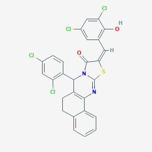 molecular formula C27H16Cl4N2O2S B492928 (10E)-10-(3,5-dichloro-2-hydroxybenzylidene)-7-(2,4-dichlorophenyl)-5,7-dihydro-6H-benzo[h][1,3]thiazolo[2,3-b]quinazolin-9(10H)-one 