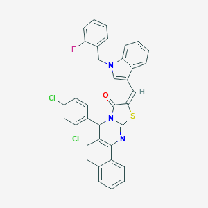 molecular formula C36H24Cl2FN3OS B492930 7-(2,4-dichlorophenyl)-10-{[1-(2-fluorobenzyl)-1H-indol-3-yl]methylene}-5,7-dihydro-6H-benzo[h][1,3]thiazolo[2,3-b]quinazolin-9(10H)-one 