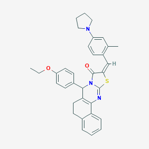 molecular formula C34H33N3O2S B492932 7-(4-ethoxyphenyl)-10-[2-methyl-4-(1-pyrrolidinyl)benzylidene]-5,7-dihydro-6H-benzo[h][1,3]thiazolo[2,3-b]quinazolin-9(10H)-one 