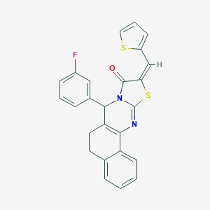molecular formula C25H17FN2OS2 B492952 (10E)-7-(3-fluorophenyl)-10-(thiophen-2-ylmethylidene)-5,7-dihydro-6H-benzo[h][1,3]thiazolo[2,3-b]quinazolin-9(10H)-one 