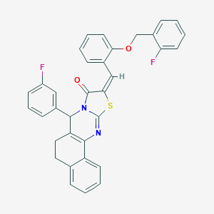 molecular formula C34H24F2N2O2S B492955 10-{2-[(2-fluorobenzyl)oxy]benzylidene}-7-(3-fluorophenyl)-5,7-dihydro-6H-benzo[h][1,3]thiazolo[2,3-b]quinazolin-9(10H)-one 