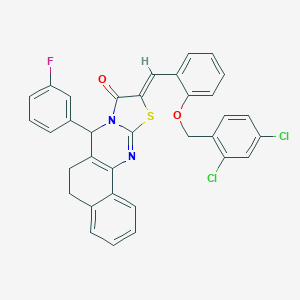 molecular formula C34H23Cl2FN2O2S B492959 (10Z)-10-{2-[(2,4-dichlorobenzyl)oxy]benzylidene}-7-(3-fluorophenyl)-5,7-dihydro-6H-benzo[h][1,3]thiazolo[2,3-b]quinazolin-9(10H)-one 
